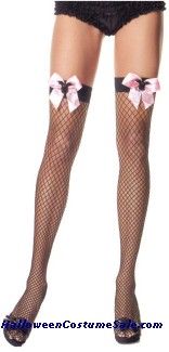 Thigh High Fishnets Black with Pink Bow