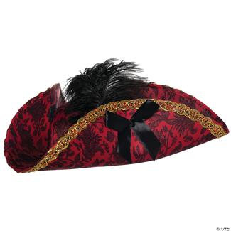 Adults Black & Red Fancy Tricorne Hat with Feather