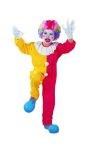 Clown costume includes red and gold body suit with white collar and white pompom buttons. Red and gold hat with white pompom. Silky feel, flame resistant material.