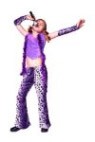 Rock star costume includes lacy shirt with printed purple pants &amp; gauntlets.