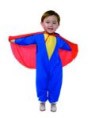 Super boy costume includes soft flannel blue and gold jumpsuit and silky red cape. Fabric flame resistant. Infant and toddler sizes.