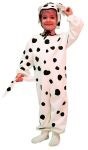 Dalmatian costume includes two piece black and white dalmatian jumpsuit. Flannel polyester fabric. Separate hood.