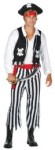 Sail the high seas with this costume of a pirate! Adult costume includes black vest, white shirt with large collar and v-neck, black and white striped pants, red sash, and red headband. One size fits most.