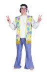 60s male flower child costume includes vest, pants &amp; headband.