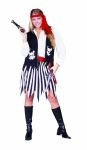 Pirate Lady costume made in a polyester fabric. Costume includes an elastic waist skirt, black vest with white piping, red sash and headband. One size fits most adults.