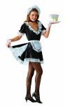 Upstairs Maid costume includes satin dress trimmed with sequins, cuffs, lace apron & headpiece.