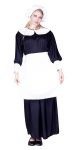 Pilgrim Lady costume includes black pilgrim womans gown with white collar and cuffs, white apron and bonnet. Cotton fabric. One size fits most.