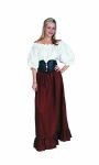 Female Renaissance Peasant costume includes Burgunday and off-white dress with a leather lace-up cumberbund. Washable.