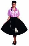 Pink Lady costume - Get that nostalgic magic working in this 50s pink lady poodle skirt and blouse set.  Skirt and top, made of polyester.  The size is a basic US Standard Adult 10.  The elasticity of the waist is 26-34.