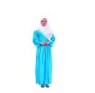 Virgin Mary costume includes blue satin dress, white satin headpiece and waist tie cord. Washable. One size fits most adults.