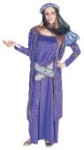 Lavender velvet dress with puffy shoulders and gold trim belt. This ensemble is complete with a gold and light purple stripped headpiece with a lavender veil. Perfect for renaissance fairs or for going "medieval" this halloween.