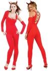 Naughty Devil costume includes stretch bodysuit with chains &amp; eyelets. Lace-up closure on back. Sequine devil horns.