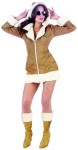 Cool Aviatrix costume includes suede dress with fur trims, double zip closure, detachable hood, red scarf.