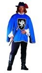 Musketeer costume includes colored tunic with white collar and sleeves. Also included, black pants. Hat available seperately. Washable. Fits chest size 42 to 50.