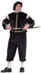 Prince Philip costume in black velvet. Costume top has gold trim and white ruffle accents. Costume includes hat of black velvet, pants and top with attached shirt ruffles.
