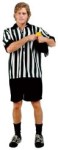 Referee Costume includes stripped shirt with packet, shorts, hat, yellow flag and whistle.