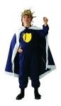 The perfect outfit for the Medieval King ! This costume comes in blue shirt with a gold emblem attached, blue pants with elastic waist and cape with white fur trim. Crown and scepter sold separately.