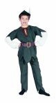 Deluxe Robin Hood costume includes dark green velvet tunic, pants, and hat. Jagged cuts on sleeves, tunic hem and pant legs. Includes leather-like belt and white feather.