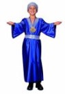 Wiseman costume - Merchant in blue-colored robe. This rich merchant wears a blue satin robe, with silver fabric trim at the neck and waist. A silver fabric wide headband completes the costume.