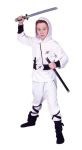 White Ninja Ranger costume includes hooded top with shirt, foamed belt, pants with black straps.