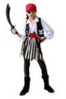 Pirate Girl costume includes black vest with white piping around edges and skull and crossbones images, white blouse with collar, black and white striped skirt with scalloped bottom, red fabric belt and headband.
