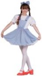 Prairie Girl costume includes blue and white checked dress made of polyester with attached white blouse and netted underskirt. Also includes a headband with blue and white checked bow. Washable.