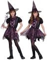 Spider Witch Costume includes sleek dress with petticoat skirt, tuffle ruffle collar, zip closure on back and glitter witch hat.