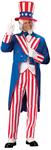 Uncle Sam Adult Costume - Blue garbardine jacket with striped cuffs and lapels. Includes striped pants and white vest front. Hand washable. Hat not included.<br>Size 42-44 fits adults upto 46 inch Chest, 36-40 inch waist, and has a 33 inch inseam.<br>Size 44-46 fits adults upto 50 inch Chest, 42-46 inch waist, and has a 33 inch inseam.<br>