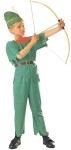 Child Elf Costume - Green polyester shirt and pants with jagged edges around hem and cuffs. Includes matching hat and vinyl black belt. Bow and arrow are not included with costume.