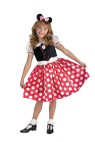 Costume Includes: One piece dress (pullover) with crushed velvet bodice &amp; sequin inset, Minnie Mouse cameo, red &amp; white polka dotted skirt with netting, attached white sash with bow, shear iridescent cap sleeves, and headband with attached ears &amp; bow. Material : Polyester.