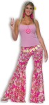 Talk about flower power! Traditional bell bottom pants covered in pink swirl-like pattern and peace sign daisies. Adult standard.