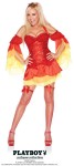Playboy Devilicious Adult Costume - Playboy Rabbit Head embroidered gossamer corset dress with tiered, organza ruffled skirt and matching sleevelets. Fiery, sparkling clip-on horns, red fishnets with rhinestone accent garters.