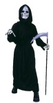 Includes full-cut horror robe with hood, skull mask, tie belt and sculpted bone gloves. Scythe not included. Fits up to size 12.
