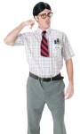 Nerd glasses, wig, pocket protector, buckteeth, and ripped tie. Simply add your own shirt to complete the look.