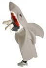 Over the body shark costume with legs sticking out of sharks mouth. Wearers own arms manipulate legs so that person being eaten appears to be kicking. Child size.