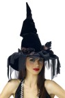 Black velour witch hat with rust and black colored net rose and accents with black beads. Polyblend. Adjustable band and bendable wire for shaping. 