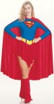Supergirl Costume features red/blue leotard with skirt, boot tops, belt and cape.