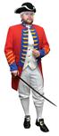 Adult British Revolutionary Costume - Why rent?  You can buy this British Redcoat.   Coat, vest &amp; knickers (Man on Right Sitting Down).   In red gabardine with white &amp; blue trim.   White gabardine vest &amp; knickers with gold buttons. Large fits 42-44, Medium fits 38-40, Small fits 34-36.<font class="Apple-style-span" face="arial, helvetica, sans-serif"><span class="Apple-style-span" style="border-collapse: collapse; font-size: small;">&nbsp;</span></font>Hat, gloves, sword, shoe buckles &amp; wig shown are <b>not </b>included.