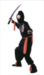 Includes black hooded shirt with gold design, pants, face mask, arm &amp; leg bands and belt. (Sword not included).  Small 4-6, Medium 8-10, Large 12-14.