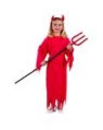 Devil girl costume includes devil - red tunic with flame-like torn hem and sleeve edges has a self-tie sash. This costume is suitable for either a girl or a boy. Devil horns and pitchfork are available separately.