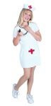 Nurse costume includes white nurse dress with cap and apron with red cross sewn in.