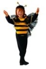 Li stinger costume includes net wings &amp; striped bodice. Polyester fabric.