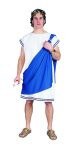 Roman senator costume includes white short toga with accent trim. Also includes royal blue shoulder drape. 100% polyester woven polypoplin. Fits adult men 38-42.