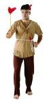 Indian Brave Adult Costume - includes tan, v-neck top with fringe around neckline and hem, brown pants, waist cord and headband with feather. One size.