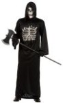Dark Reaper costume includes black hooded robe, 3-d chest with latex bones and skull mask.