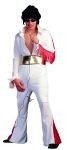 Rock star costume includes white elvis style jumpsuit with red fringe trim, wide gold belt. Satin finish material. Available in adult sizes medium and large.
