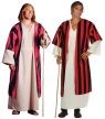 Moses costume includes heavyweight white tunic with silky overtunic. Overtunic has red and black stripes. Comes with white cord tie. One size fits most adults.