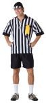 Referee costume includes stripped shirt with pocket, shorts, hat, yellow flag &amp; whistle.