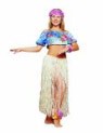 Dance away halloween night in hula dancer costume. A blue floral hula top, grass skirt and pink floral headband.
