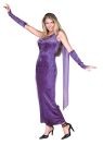 Gothic Beauty costume includes purple dress with drapes and gauntlets.